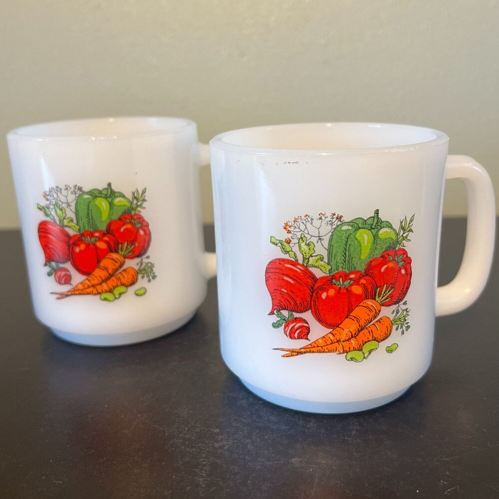 Vtg GLASBAKE White Milk Glass Mugs Cups Vegetable Garden Harvest 1960s Set of 2